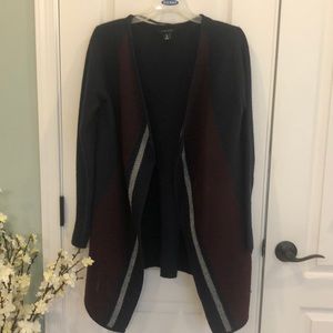 Navy blue cardigan with maroon and white details